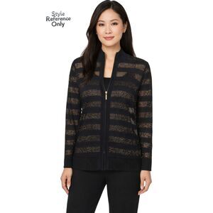 Exclusively Misook Black Zip Front Knit Cardigan Sheer Gold Stripe Size M EUC